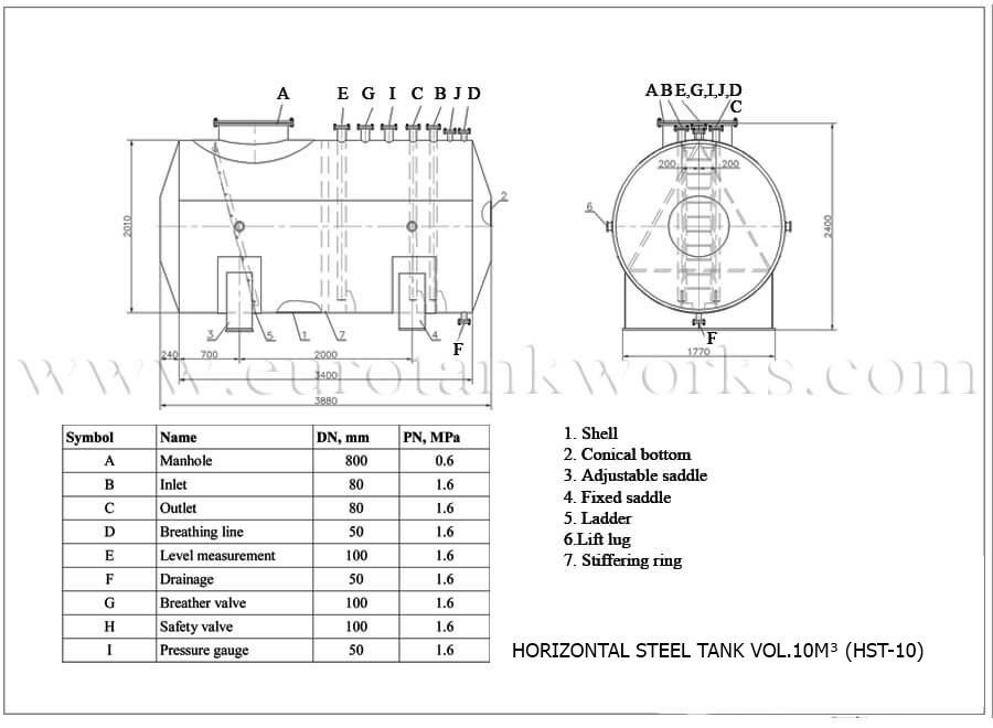 Disegno - Serbatoio saldato in superficie per officina, capacità 10 metri cubi