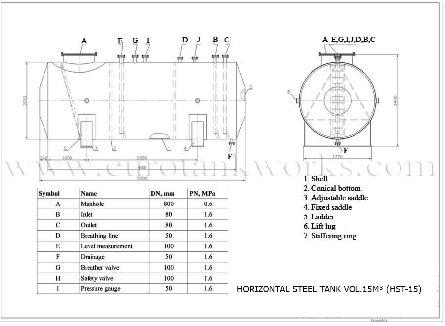 Disegno - Serbatoio saldato in superficie per officina, capacità 15 metri cubi