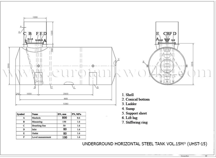 Disegno: serbatoio sotterraneo saldato in officina, capacità 15 metri cubi