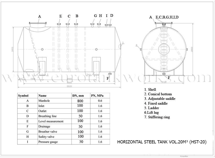 Disegno - Serbatoio saldato in superficie per officina, capacità 20 metri cubi