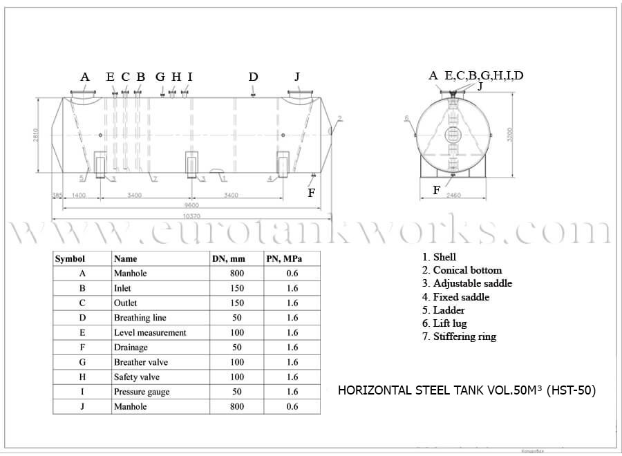 Disegno - Serbatoio saldato in superficie per officina, capacità 50 metri cubi