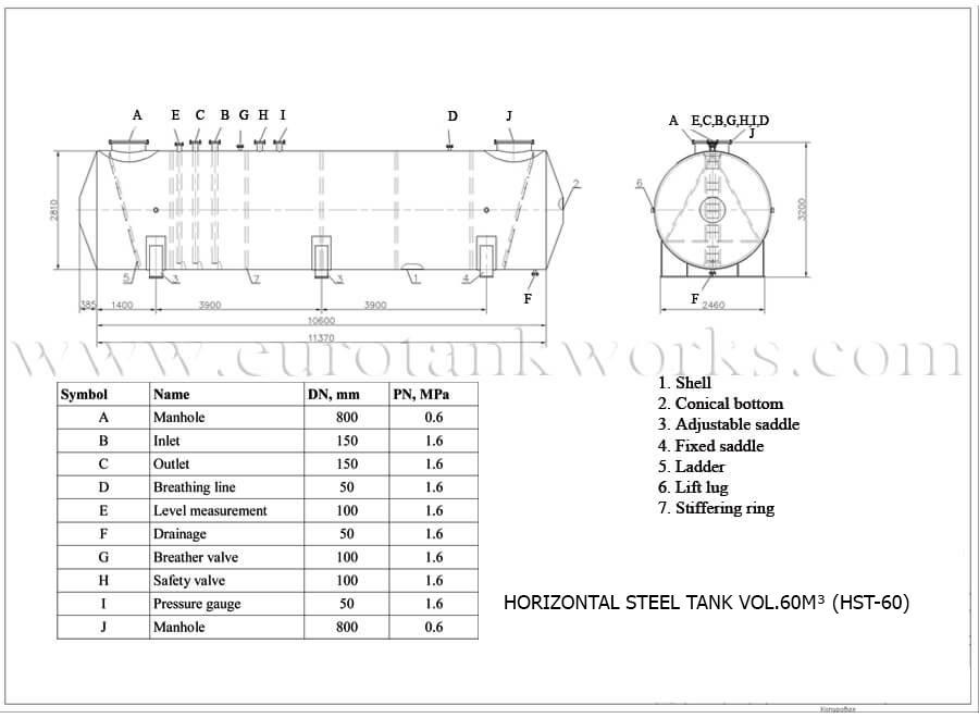 Disegno - Serbatoio saldato in superficie per officina, capacità 60 metri cubi